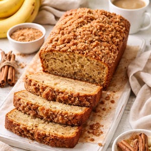 Puede incluir: Pan de plátano en rodajas con cobertura de migas, presentado en una tabla de cortar blanca. También se ven plátanos, una taza de café y palitos de canela, lo que sugiere un tema de desayuno o merienda.