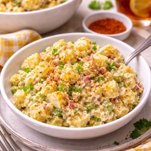 May include: A close-up shot of a bowl filled with potato salad. The salad features diced potatoes, celery, red onion, and a creamy dressing, garnished with paprika and parsley. A fork and a glass of iced tea with lemon are in the background.