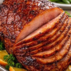 Puede incluir: Un jamón glaseado y rebanado, listo para servir, se encuentra en una bandeja de metal adornada con rodajas de naranja y perejil. El jamón tiene un exterior marrón rico con un patrón de diamantes. Se ven verduras verdes en el fondo.