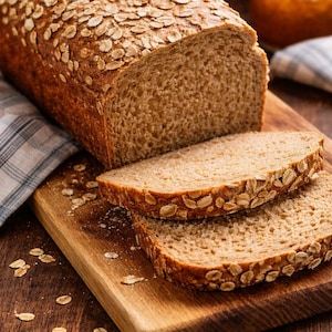 May include: A loaf of freshly baked whole wheat bread, partially sliced, with visible oats on top. Two slices rest on a wooden cutting board, with scattered oats. The bread has a golden-brown crust and a soft, inviting interior, perfect for breakfast or a snack.