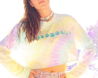 Moon Phase Faded Neon Tie Dye Long Sleeved Crop