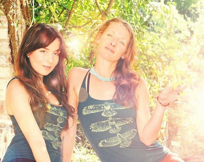 Hippie style Hawk Totem Tank.......Hand drawn, hand screen printed, green and gold racerback tank top shirt