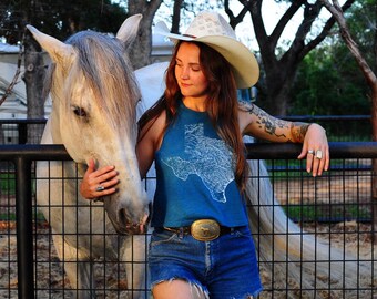 Texas Waterways on dusty teal racerback tank