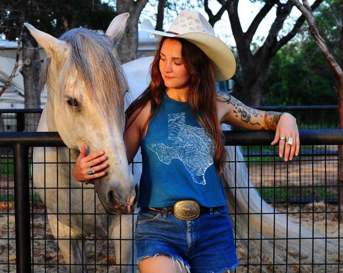 Texas Waterways on dusty teal racerback tank