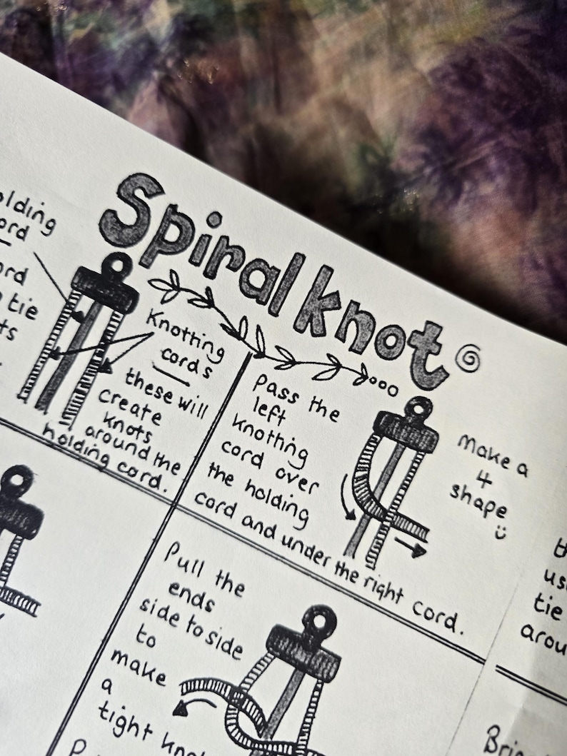 May include: A black and white instructional diagram on paper titled Spiral knot. It features hand-drawn illustrations of cords being tied, with text explaining steps like passing the left knotting cord over the holding cord and making a 4 shape.
