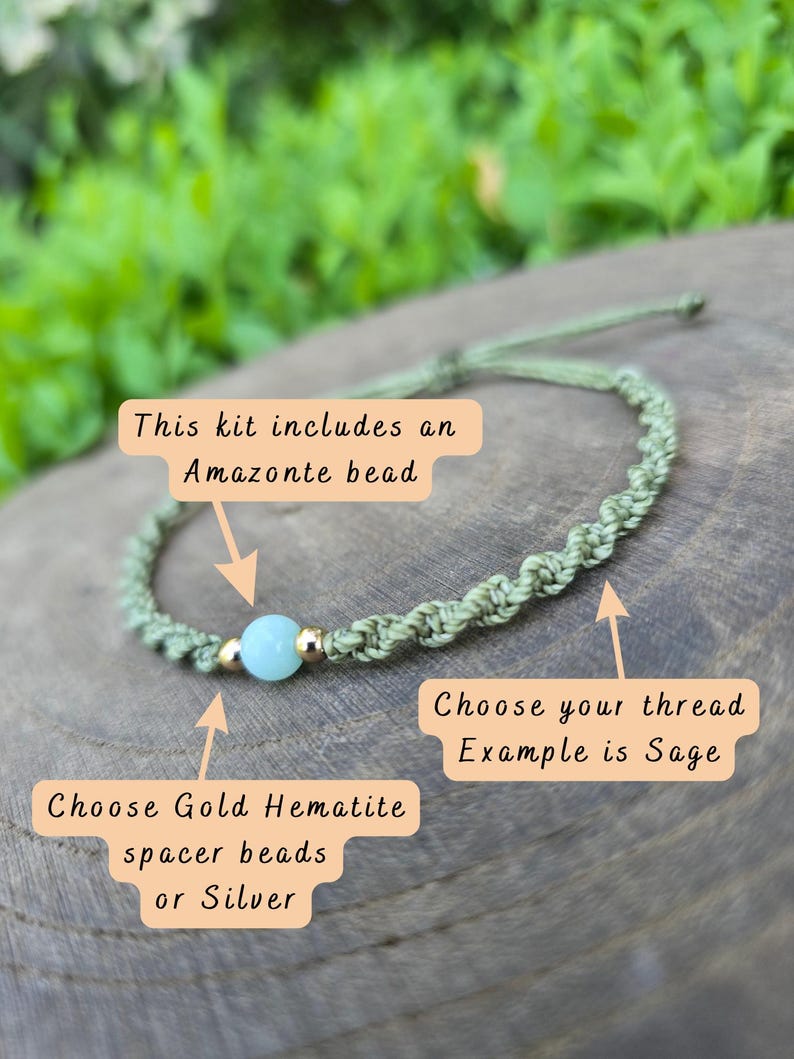 May include: A sage green macrame bracelet featuring a central light blue Amazonite bead flanked by two gold-colored hematite spacer beads. The text on the image reads: This kit includes an Amazonite bead, Choose your thread Example is Sage, Choose Gold Hematite spacer beads or Silver.