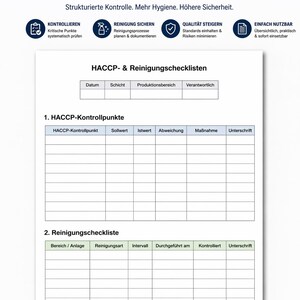 Könnte beinhalten: Ein weißes HACCP- & REINIGUNGSCHECKLISTE-Dokument mit blauem Text und Symbolen. Die Checkliste enthält Abschnitte für HACCP-Kontrollpunkte und Reinigungspläne mit Feldern für die Dateneingabe. Das Dokument fördert strukturierte Kontrolle, Hygiene und Sicherheit.