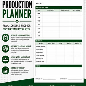 Könnte beinhalten: Eine wöchentliche Produktionsplaner-Vorlage mit grünem und weißem Design. Der Planer enthält Abschnitte für Produktionspläne, Zusammenfassungen und Notizen. Der Text lautet: "Planen. Einteilen. Produzieren. Bleiben Sie jede Woche auf dem Laufenden."