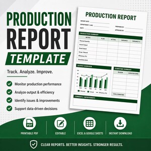 Könnte beinhalten: Eine grün-weiße Grafik mit den Worten "PRODUCTION REPORT TEMPLATE" und dem Text "Track. Analyze. Improve." Das Bild enthält einen Beispielbericht, Diagramme und Symbole für PDF, editierbar, Excel und Sofort-Download.