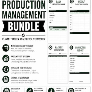 Könnte beinhalten: Grafik des Production Management Bundles in Weiß und Grün mit dem Text „Production Management Bundle“ und „Planen. Verfolgen. Analysieren. Verbessern.“ Enthält tägliche und wöchentliche Produktionsplaner.