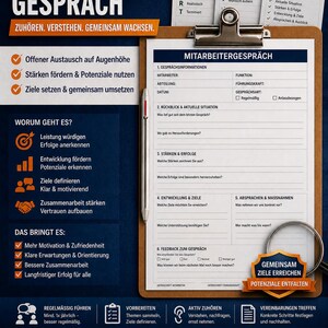 Könnte beinhalten: Ein Klemmbrett mit einem deutschsprachigen Dokument mit dem Titel "MITARBEITER-GESPRÄCH" (Mitarbeitergespräch). Das Dokument enthält Abschnitte für Informationen, Feedback und Zielsetzung, mit Fokus auf Mitarbeiterentwicklung und Kommunikation.