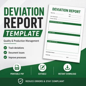 以下が含まれることがあります： 「DEVIATION REPORT TEMPLATE」というタイトルの緑と白の偏差レポートテンプレート。テンプレートには、偏差の説明、根本原因、是正措置のセクションが含まれています。また、PDF、編集可能、即時ダウンロードのアイコンも表示されます。