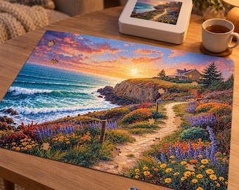 May include: A jigsaw puzzle depicting a coastal landscape at sunset with a house on a cliff, a winding path, and colorful wildflowers. The puzzle is partially assembled on a wooden table, accompanied by its white storage tin and loose pieces.