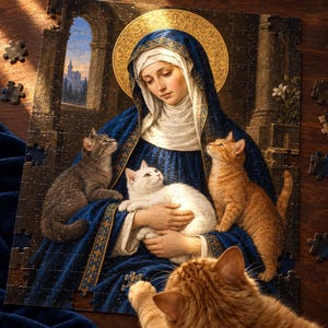Könnte beinhalten: Ein Puzzle, das eine Figur in einem blauen Gewand und weißem Kopftuch mit goldenem Heiligenschein zeigt, die eine weiße Katze hält. Eine graue getigerte Katze sitzt links, eine orangefarbene rechts und eine echte orangefarbene Katze im Vordergrund.