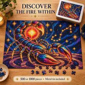 May include: A jigsaw puzzle featuring a vibrant, multi-colored scorpion against a dark blue starry sky with a glowing sun-like circle. The text reads DISCOVER THE FIRE WITHIN and 500 or 1000 pieces • Metal tin included. Includes a metal storage tin.