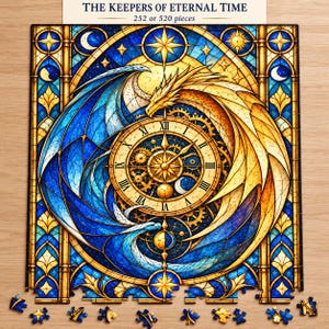 May include: A jigsaw puzzle titled THE KEEPERS OF ETERNAL TIME, available in 252 or 520 pieces. The image features a dragon with blue and gold wings encircling a clock face with Roman numerals and intricate internal gears.