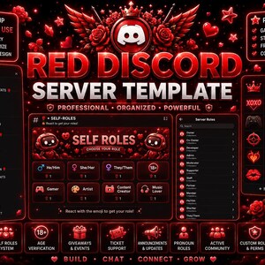 May include: Red Discord server template with a professional design. Features include self-roles, age verification, giveaways, ticket support, announcements, pronoun roles, and an active community. Perfect for gaming communities, streamers, and content creators.