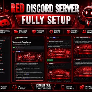 Puede incluir: Gráfico de configuración del servidor Discord rojo con el texto "RED DISCORD SERVER FULLY SETUP". El diseño incluye iconos para configuración profesional, canales organizados y seguridad verificada. Incluye diseño personalizado y entrega instantánea.