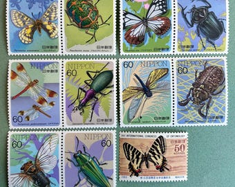 Japan Insect Stamps Collection Vol.6–10 | Butterflies, Dragonflies, Beetles, Cicada & Jewel Beetle | Unused Vintage Japanese Stamps