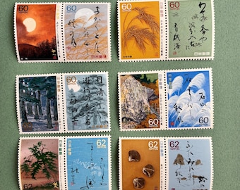 Juego de sellos japoneses Oku no Hosomichi – 12 sellos (Emisiones n.° 8–10) / Japón clásico, temática de poesía Basho.