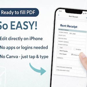 May include: A smartphone screen displays a rent receipt form. Text on the screen includes "Rent Receipt," payment details, and options for payment methods. The image also features the text "Ready to fill PDF," "So EASY!" and bullet points describing the app's features.