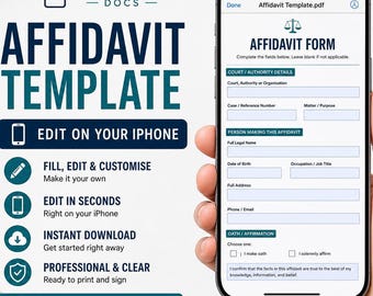 Bewerkbare sjabloon beëdigde verklaring: invulbaar pdf-formulier, sjabloon beëdigde verklaring, afdrukbaar juridisch document, bewerken op iPhone, direct downloaden