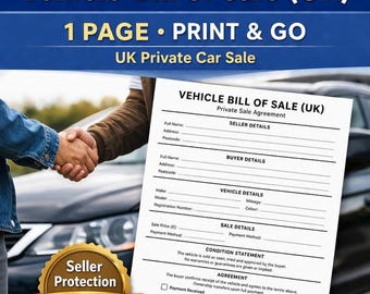 Britse voertuigverkoopfactuur | Afdrukbare overeenkomst ontvangstbewijs privéauto (1 pagina)