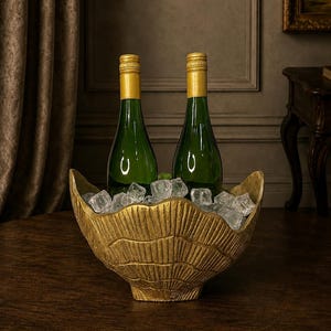 Gegoten aluminium wijnkoeler met sint-jakobsschelp – gouden afwerking – grote decoratieve drankkuip
