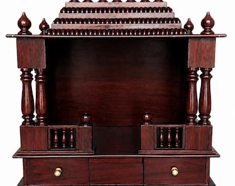 Wooden Home Temple with Drawers | Dark Maroon Pooja Mandir, Hindu Prayer Altar