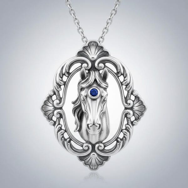 Collana in argento sterling con la Vergine Maria e gemma centrale blu, ciondolo ovale decorato