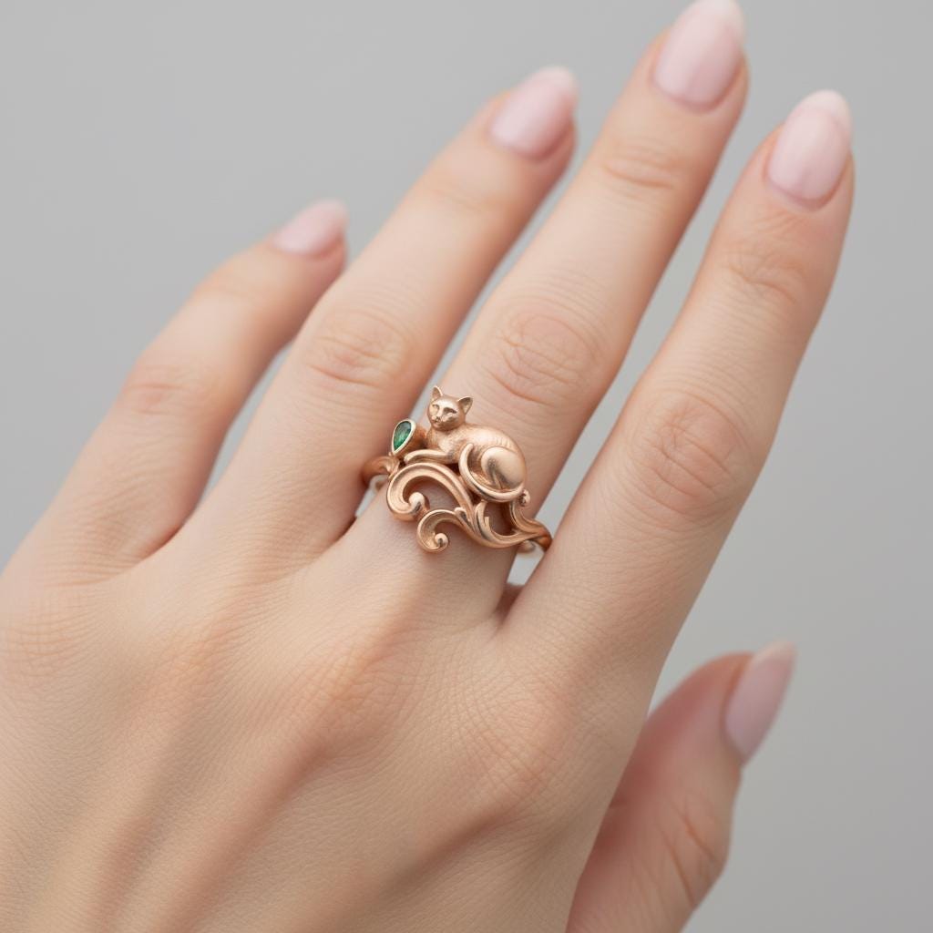 Rose Gold Cat Ring, Emerald Green Stone, Baroque 925 Sterling Silver ...