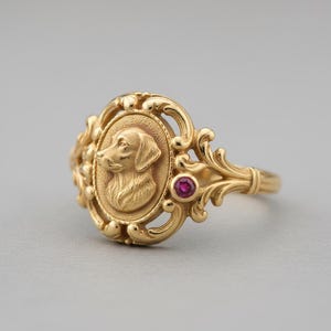 May include: A gold ring featuring a detailed relief of a dog's head within an oval frame. The ring has ornate scrollwork and a small, round, red gemstone. The ring is set against a neutral background.