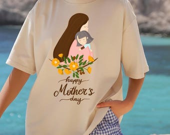 Happy Mother's Day Mom Hugging Child Floral Design (Digital Download)