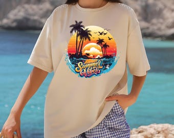 Summer Vibes Retro Sunset Palm Trees PNG SVG (Digital Download)