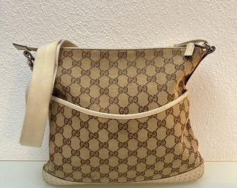 Gucci Monogram Canvas Crossbody Bag – Beige Leather Trim Shoulder Strap