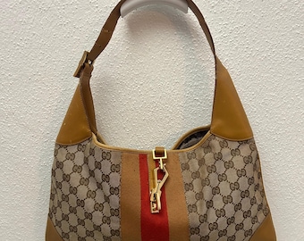 Gucci Jackie Axelväska: Ljusbrunt Läder, Guldfärgade Hårdvaror, Randig Canvas