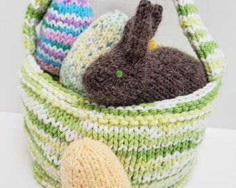 Hand Knit Easter Basket - Green with Eggs and Bunny