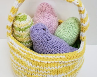 Hand Knit Easter Basket - Yellow with Eggs and Bird