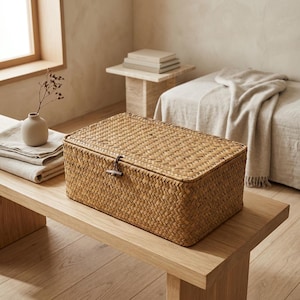 May include: A rectangular woven storage basket with a matching lid. The basket is crafted from natural light brown fibers in a tight weave pattern and features a small wooden toggle closure attached to the front with a thin cord.