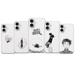 May include: A collection of five white phone cases, each featuring a unique black and white manga-style illustration. The designs include characters and Japanese text, offering a variety of artistic styles.