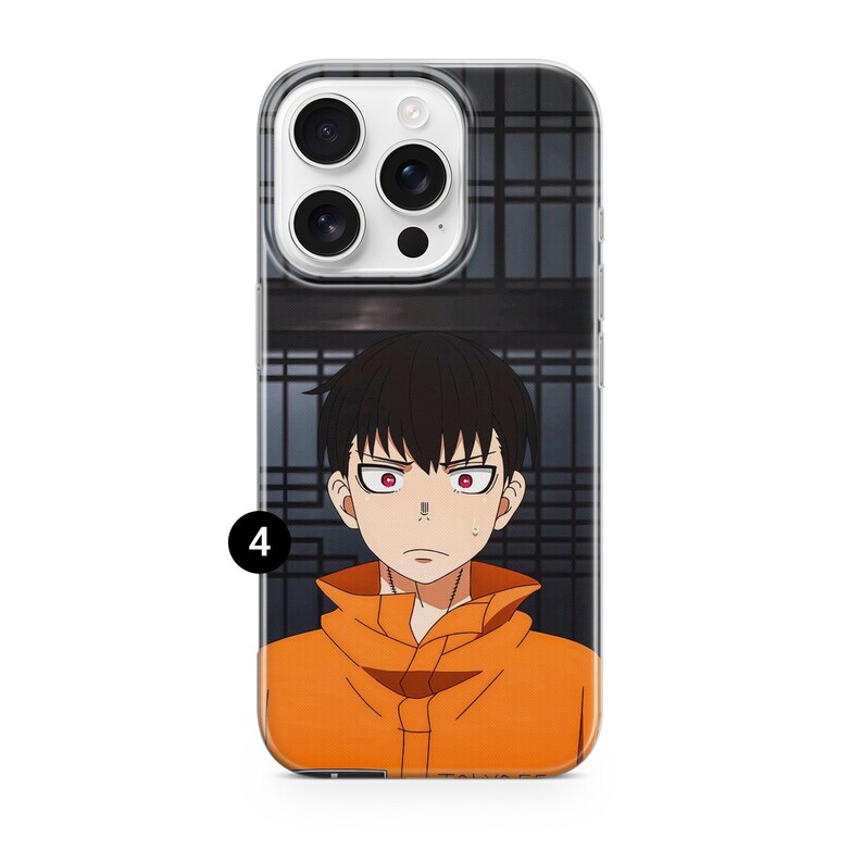 K&ouml;nnte beinhalten: Transparente Handyh&uuml;lle mit einer Cartoonfigur mit schwarzen Haaren, roten Augen und einer orangefarbenen Jacke. Der Hintergrund ist dunkel mit einem Gittermuster. Die H&uuml;lle hat einen transparenten Rand.