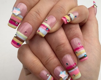 French Stripe Star Nails: Brown Glitter, Gold Chrome Press On Set