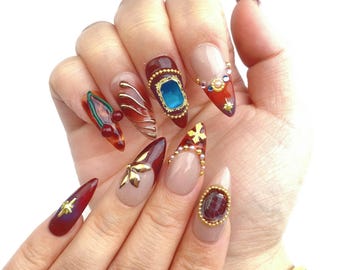 Unghie a strisce francesi a forma di stella: glitter marrone, set press on cromato oro