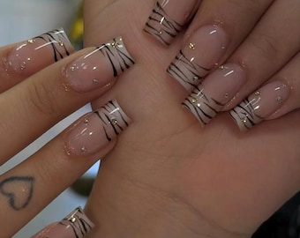Unhas postiças olho de gato, francesinha cromada, unhas de verão de luxo feitas à mão
