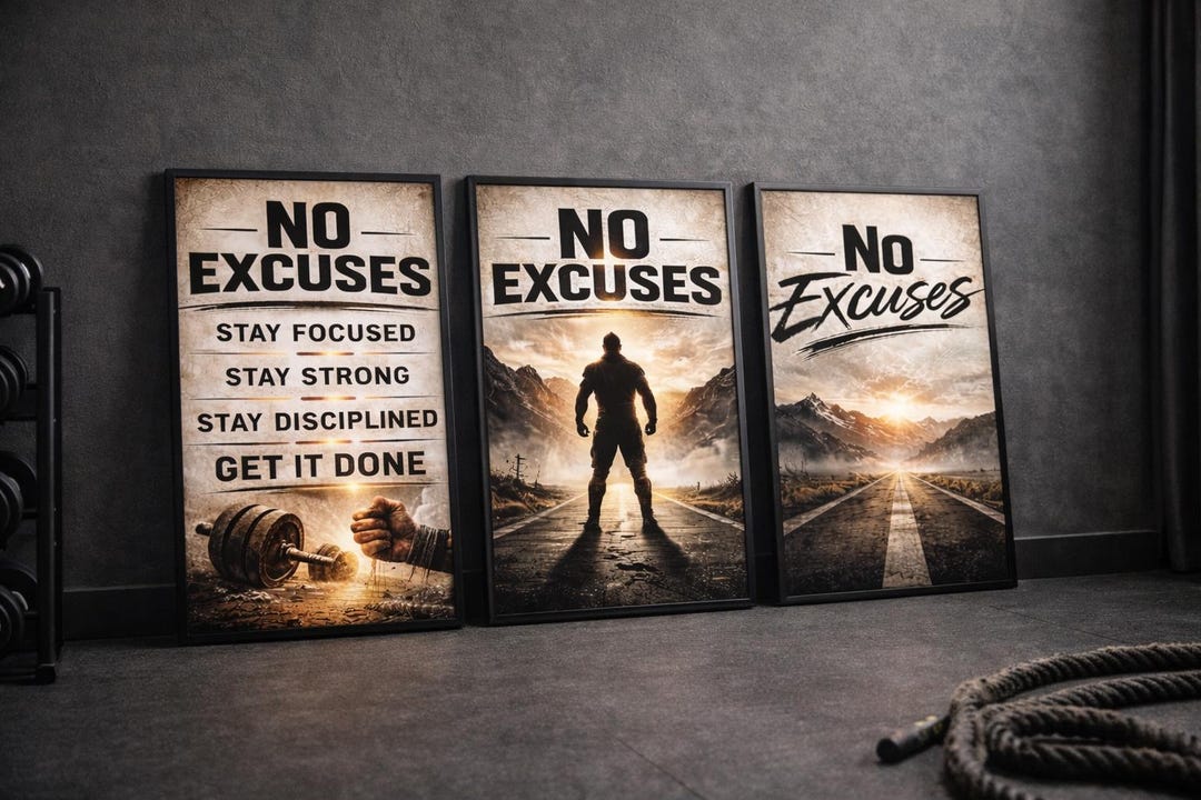Motivational Wall Art Set of 3 Printable, No Excuses Gym Decor, Success ...