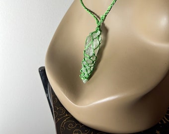 Large Praisolite rough green quartz crystal w/ crotchet leather cord necklace