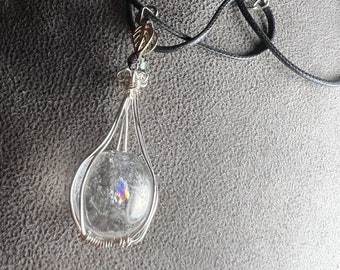 Clear Quartz Mini Sphere w Rainbows & Cloisonné Bead Silvertone Hand Wrapped Pendant Necklace Amulet