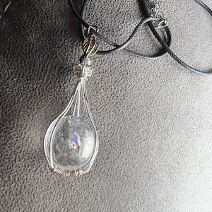 Clear Quartz Mini Sphere w Rainbows & Cloisonné Bead Silvertone Hand Wrapped Pendant Necklace Amulet