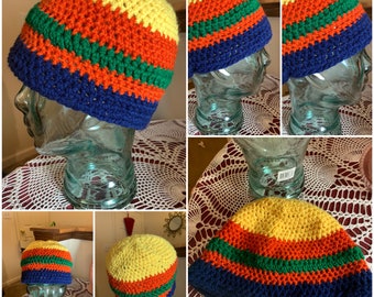Bright Colorful Adult Medium XL Crocheted Knit LIGHTWEIGHT Beanie Summer Rainbow Stripes Party Hat Skullcap CHEERFUL Cancer Cap