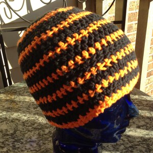 Black and Orange Multi-colored Striped Crocheted Beanie Hat Large Size Cancer Cap Knit Pumpkin Skullcap Hair XL XXL Party Trendy Accessory image 3